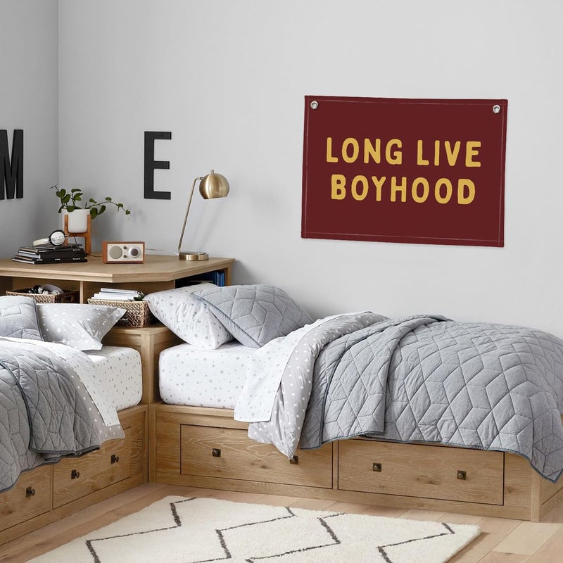 PLKMN Long Live Boyhood Linen Banner – Boys Room Wall Hanging, Playroom & Nursery Decor, Toddler Room Flag, Aesthetic Boys Bedroom Sign – Burgundy & Mustard Yellow - Image 4
